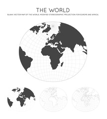 Map of The World. Modified stereographic projection for Europe and Africa. Globe with latitude and longitude lines. World map on meridians and parallels background. Vector illustration.