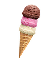 Chocolate, strawberry and vanilla ice cream scoops with cone isolated on white background including clipping path