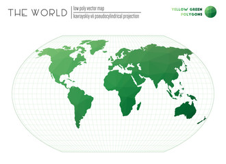 Polygonal world map. Kavrayskiy VII pseudocylindrical projection of the world. Yellow Green colored polygons. Stylish vector illustration.