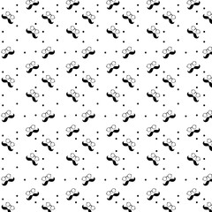Stylish seamless vector pattern with diagonal black mustache, glasses and polka dots on white background.