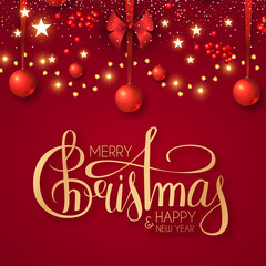 Merry Christmas Shining holiday background with lettering, red balls, stars and light garland.