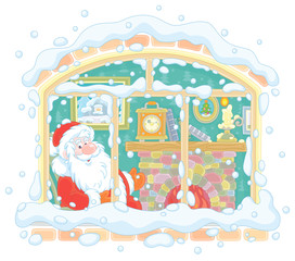 Smiling Santa Claus looking through a window and basking by his old fireplace after a winter walk in a snowy forest, vector illustration in a cartoon style