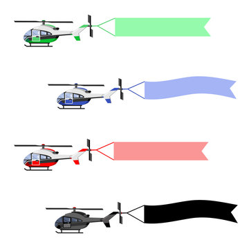 set of helicopters with banner isolated vector illustration. color image and black silhouette, white background