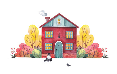 Watercolor illustration. Bright red house with an autumn garden on a white background.