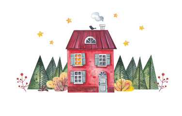 Watercolor illustration. Bright red house in the autumn forest on a white background.