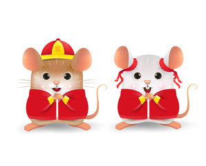 Cartoon of the little boy and girl rat personality with Chinese traditional costume. Zodiac symbol of the year 2020. Chinese New Year, the year of the rat.