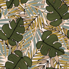 Abstract seamless tropical pattern with pastel green and beige plants and leaves. Exotic style. Fashionable print, pattern, textile, print, poster. Botanical flora. Hawaiian ornament.
