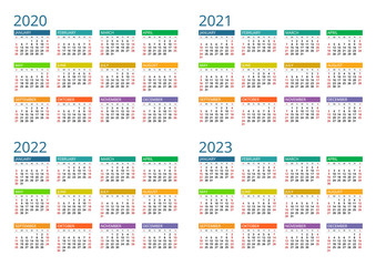 2020, 2021, 2022, 2023 calendar. Print Template. Week Starts Sunday. Portrait Orientation. Set of 12 Months. Planner for 2020 Year.
