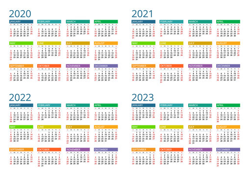 2020, 2021, 2022, 2023 calendar. Print Template. Week Starts Sunday. Portrait Orientation. Set of 12 Months. Planner for 2020 Year.