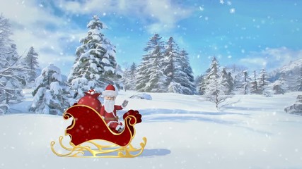 Santa Claus is riding over the forest in a sleigh with gifts. Merry Christmas and Happy New Year animation. Seamless loop.