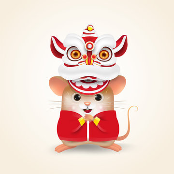 Little Rat or Mouse performs Chinese New Year Lion Dance and Chinese traditional. Isolated.