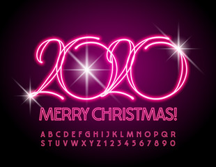 Vector Neon Greeting Card Merry Christmas 2020! Red stylish Font. Glowing electric Alphabet Letters and Numbers