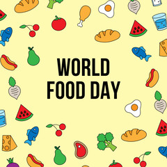 World Food Day celebration poster background design.various kinds of food drink simple icon vector illustration.