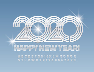 Vector snow modern Greeting Card Happy New Year 2020 for Children. Creative Alphabet Letters, Symbols and Numbers. Bright White and Blue Font.