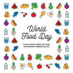 World Food Day celebration poster background design. various kinds of food drink simple icon vector illustration.