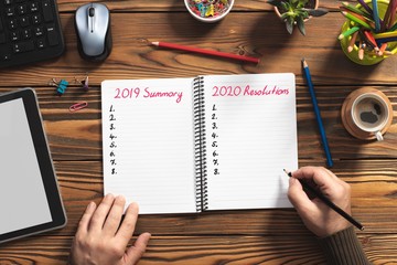 To Do list For New Year 2020, Over Head View Of Work Desk.