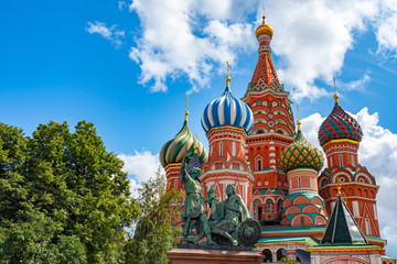 Russia. Moscow. St. Basil's Cathedral. Minin and Pozharsky. Kremlin. Sunny day in Moscow. Krassnaya square. Center of Moscow on a summer day. Russian architecture. Sights of the Russian Federation.