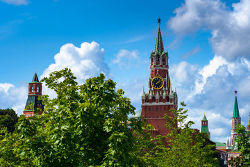 Russia. Moscow. Zaryadye Park. Kremlin. Spasskaya Tower on a summer day. Tours in Moscow. Clock on the red square. A trip to Russia. Center of Russia. Travel to Moscow. Russian Federation.