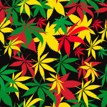 Vector seamless reggae cannabis pattern. Colorful marijuana leaves on black background.