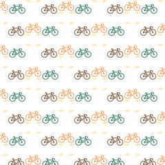 Vector seamless cute bicycle pattern. Turquoise, brown and orange bicycles and tiny lines on white background.