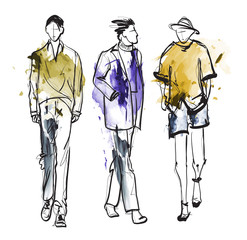 Stylish handsome mans in fashion clothes. Hand drawn beautiful young mens. Stylish mens. Fashion mens sketch. Fashion men model.