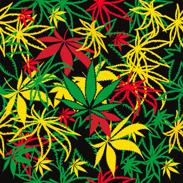 Vector seamless cannabis leaves pattern. Beautiful colors on black background. 