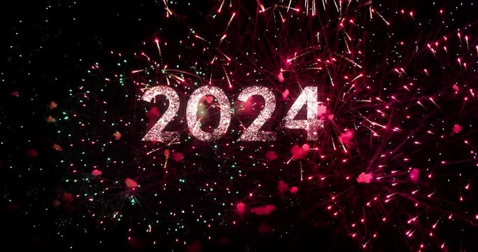 2024 text with amazing fireworks in the background. Perfect for the New Year celebration greeting with colorful fireworks, typography design - Event & Festive concept 4K
