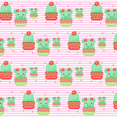 Vector seamless cactus pattern. Cute cartoon cactus with face in pots. Horizontal stripes and polka dots soft pink background.