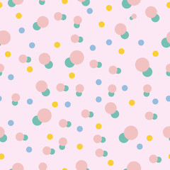 Baby vector seamless abstract geometric pattern. Pink, blue and yellow polka dots on soft pink background.