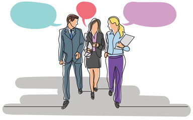 continuous line drawing of business team walking together discussing work with speech bubbles