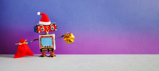 Merry Christmas Happy New year greating card wallpaper. Santa Claus robot with gifts. Modern...