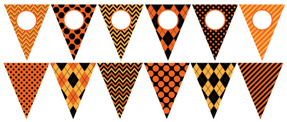 Halloween Bunting Vector Banner. Triangle Flags Garland Printable Party Decoration Template. Copy Space. Add Your Text. Blank. Seamless Pattern Tile Swatches Included in EPS File.
