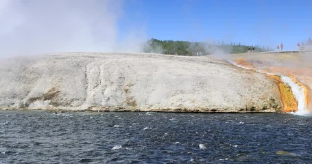 Yellowstone National Park geyser basin steam. Geothermal ecosystem environment. Largest super volcano on the continent. Biology geography and ecology. Millions of tourist.