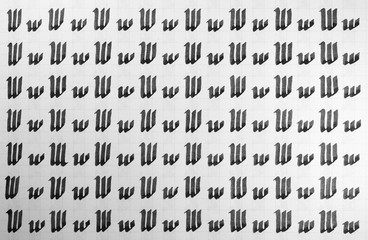 Handwriting black and white symbol filling pattern. Calligraphic letter W learning skills paper...