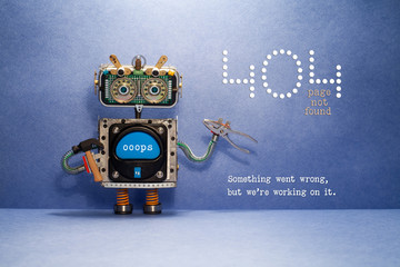 404 error page not found. Serviceman robot with hammer and pliers on blue background. Text message...