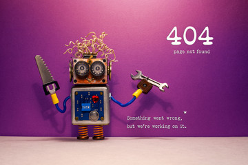 404 error page not found. Serviceman robot hand wrench and saw, purple wall background. Text...