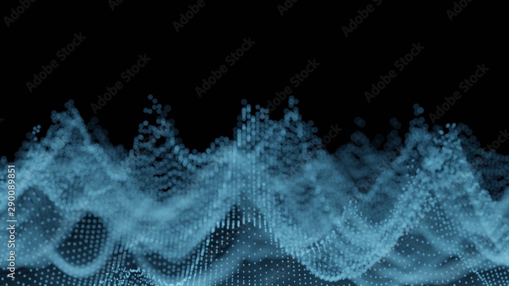 Poster 3d rendering of abstract landscape created from dots with blue depth of field. concept of big data s