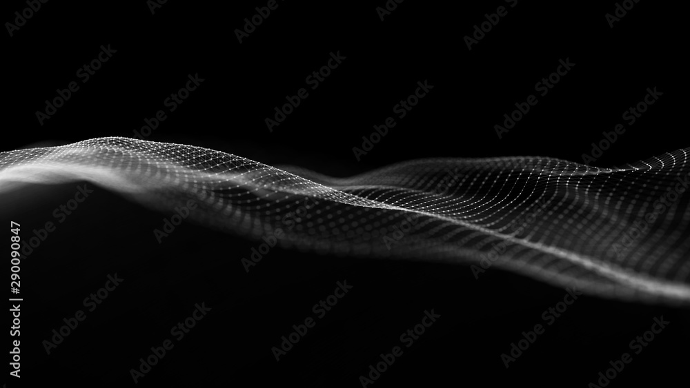 Poster wave 3d. wave of particles. abstract black geometric background. big data visualization. 3d renderin