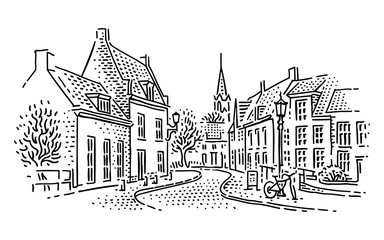 European town street line illustration.  Vector. 