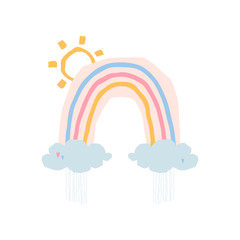 Rainbow with sun, clouds in cartoon style isolated on white background for kids. Cute illustration in hand drawn style for posters, prints, cards, fabric, children's books, interior design. Vector