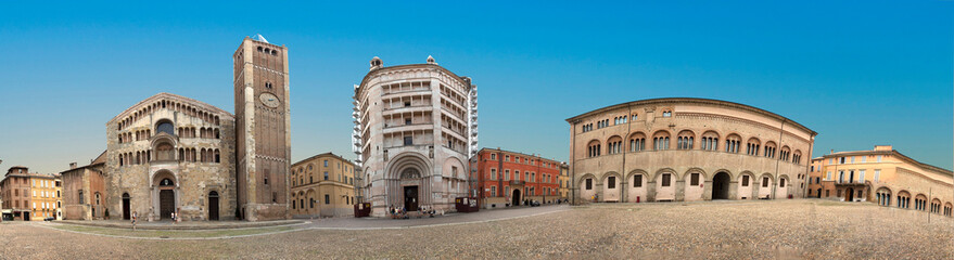 Parma, Italy - Piazza del Duomo with the Cathedral and Baptistery, built in 1059. Romanesque architecture in Emilia-Romagna. - obrazy, fototapety, plakaty