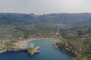 port soller mallorca island mountain sea ocean colours green famous places sunset panoramic view landscape wallpaper  aerial, photography yatch, luxury port mediterranean mountain drone 