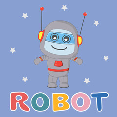 Happy little cartoon robot isolated on blue background.