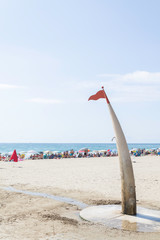 Fototapeta na wymiar Tarragona, Spain; 08-17-2019; The green flag on the La Pineda's beach