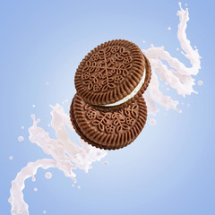 Fresh milk, yogurt, cream 3D splash with chocolate and sweet cream cookies. Traditional chocolate cookies with cream filing, milk, yogurt nutrition composition ad design isolated on blue background