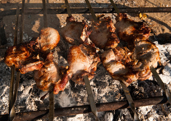 Regional cuisine. Delicious pork roasted on coals in nature. Picnic, barbecue.