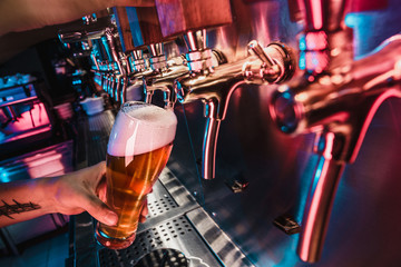 Hand of bartender pouring a large lager beer in tap. Bright and modern neon light, males hands....