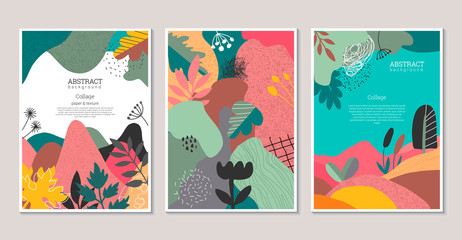 Set of vector modern artistic posters with hand drawn textures, plants, leaves and cut out paper shapes.