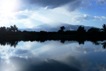 The blue sky and reflection with sun raylight.