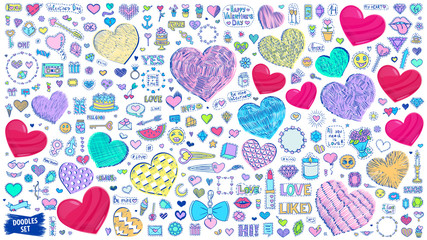 Valentines day bundle. Love doodles set. Hearts sketches. Romantic sketches. Wedding and marriage. Love patch badges. Emoticons. Stickers.